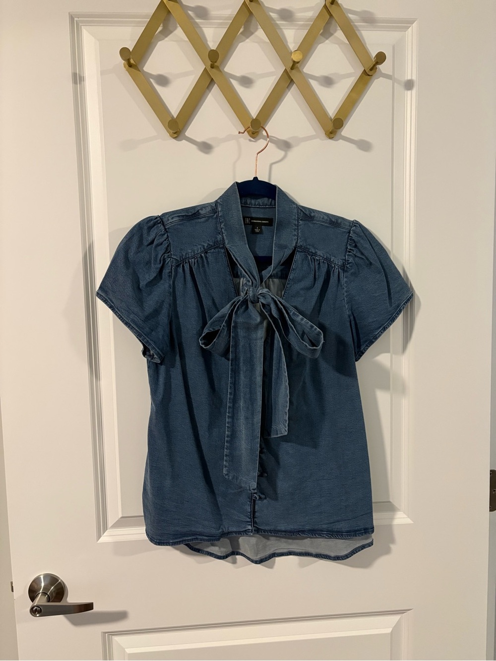 INC International Concepts Blue Tie-Neck Short Sleeve Blouse